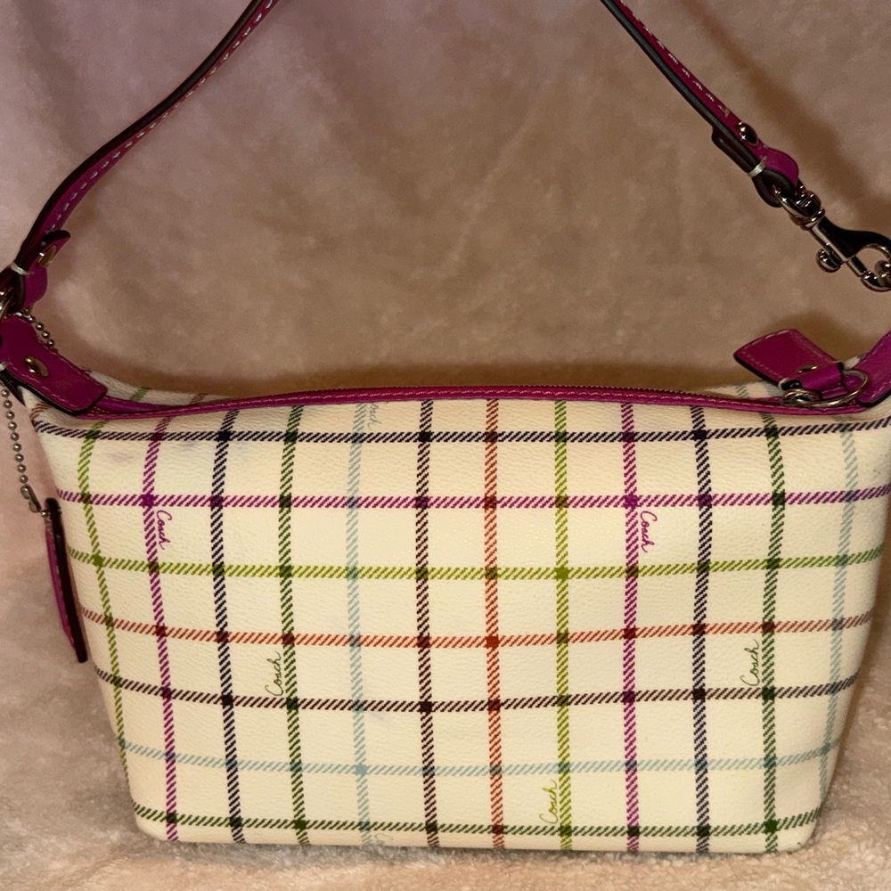 Y2K Coach Heritage Tattersall Multicolor Plaid Cream Magenta Shoulder Bag Iconic - Picture 4 of 16